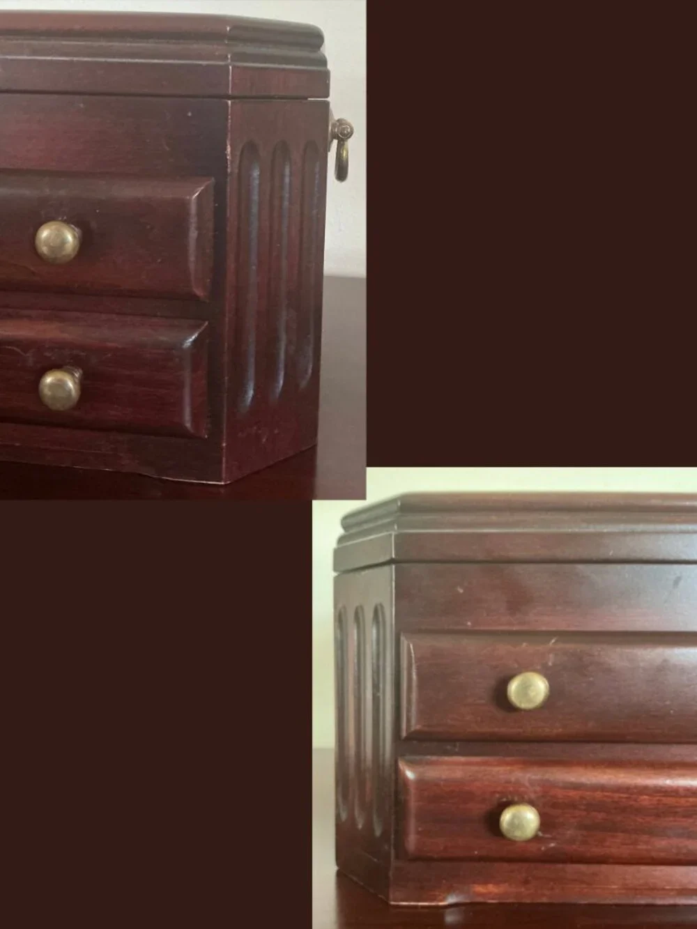 VGUC Reed & Barton Cherry 2-Drawer Jewelry Chest / Box w/ Burgundy Velvet Lining